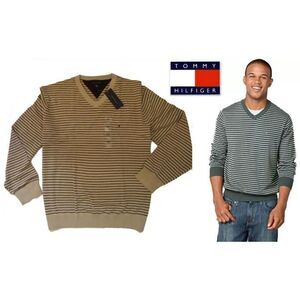 NWT Vintage Y2K Tommy Hilfiger Beige Black Striped V Neck Men’s Sweater Rare!!!